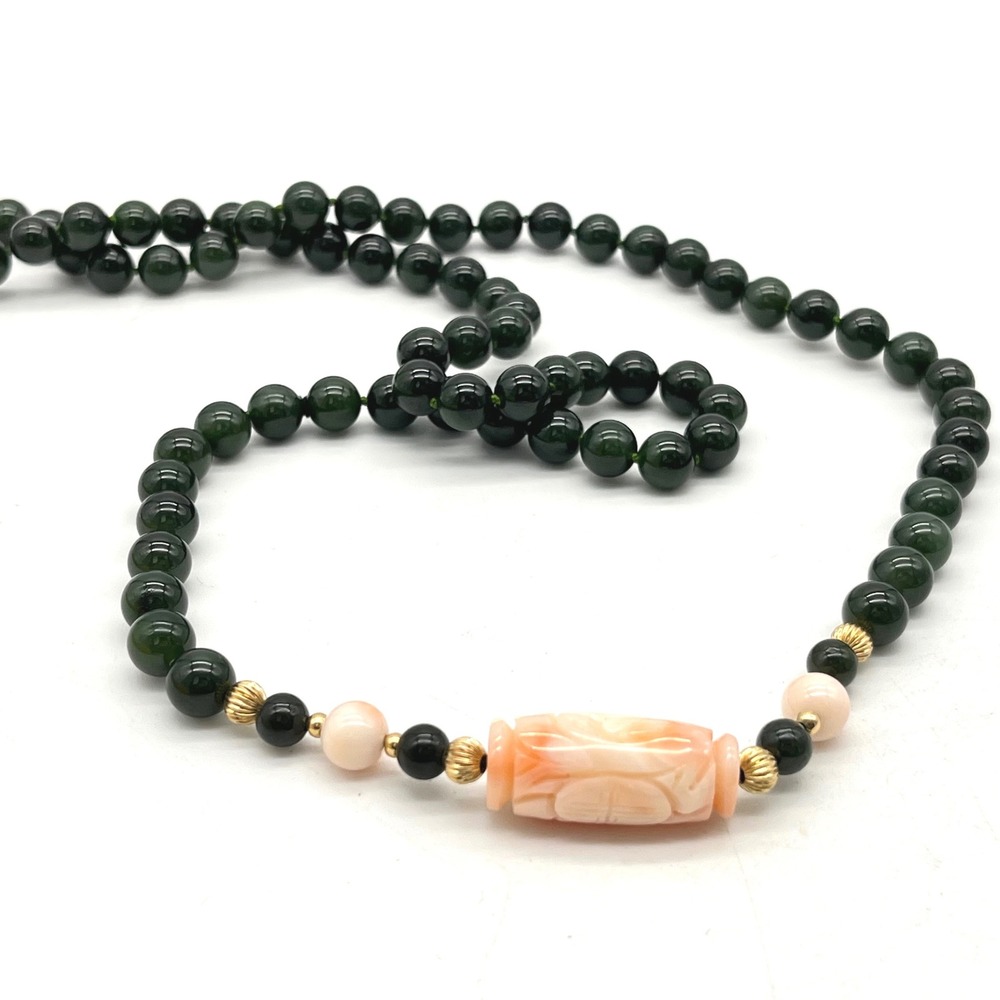 Vintage Hand Knotted 14k Gold Green Jade Carved Pink Coral Focal Bead Necklace